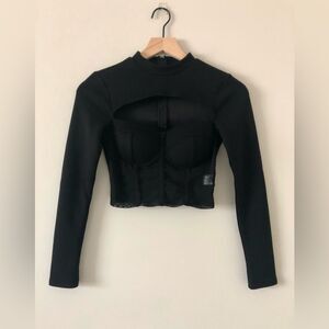 Privy Long Sleeve Crop Top with High Neck Cut Out Bustier With Mesh in Black - S